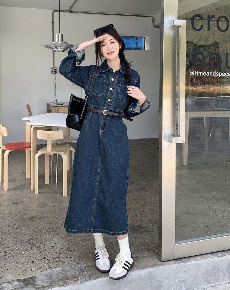ロングワンピース クラシカル デニムワンピース