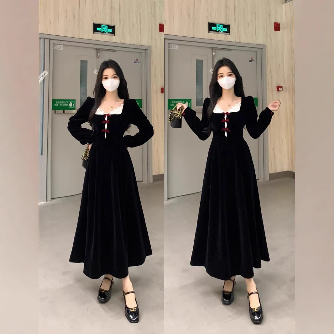 ロングワンピース 優美な姫袖ベロアレースワンピース