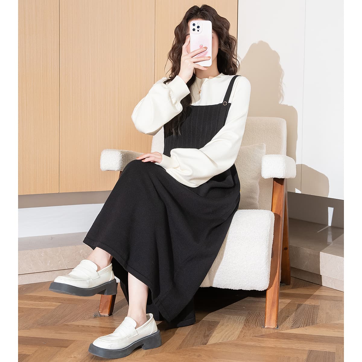 ロングワンピース ニット ゆったりニットワンピース重ね着風キャミワンピース