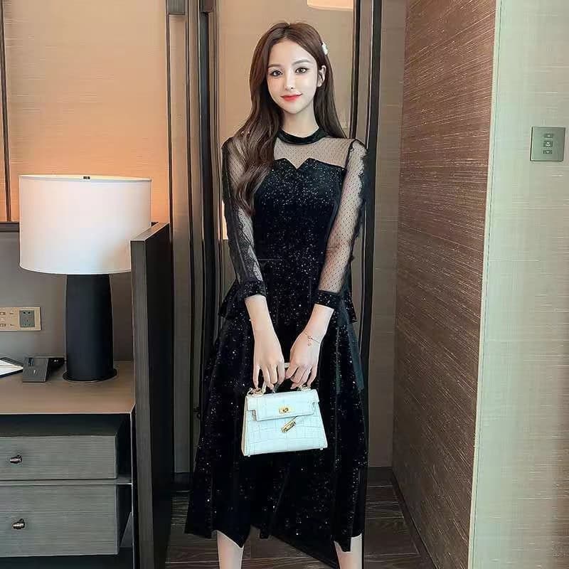 ロングワンピース レース 星屑輝くシアーレース切替ベルベット調ロングワンピース