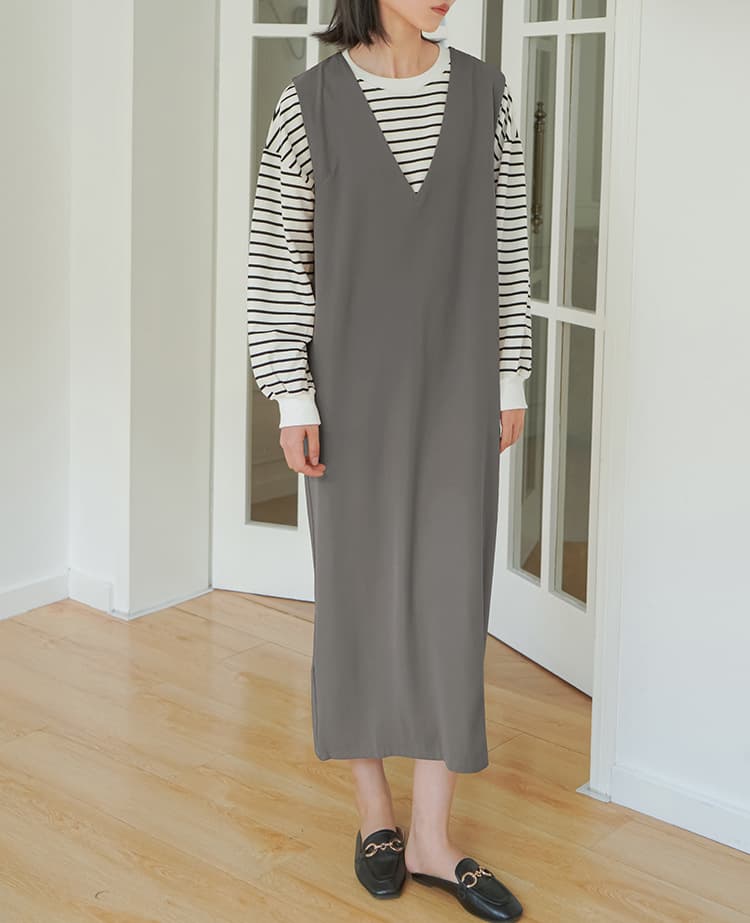 ロングワンピース 人気ノースリーブロング丈ワンピース深Vネックレディース