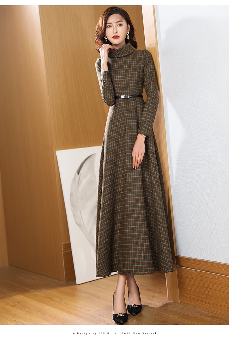 ロングワンピース タートルネック 上品チェック柄タートルネックマキシワンピース