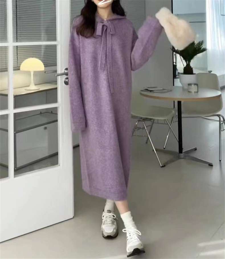 ロングワンピース ふんわりあったか フード紐付きニットワンピース