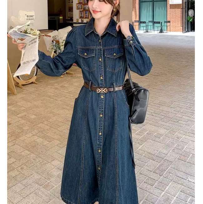 ロングワンピース フレア切替デニムワンピース