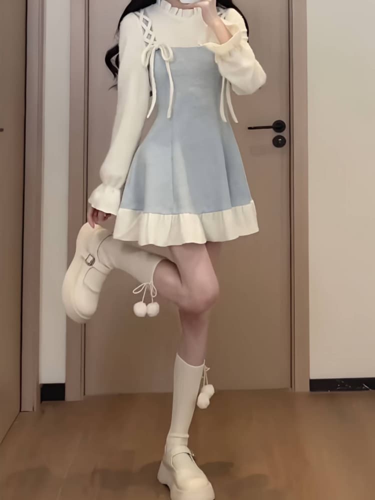 ロングワンピース 姫系リボンレース飾り付きティアードワンピース