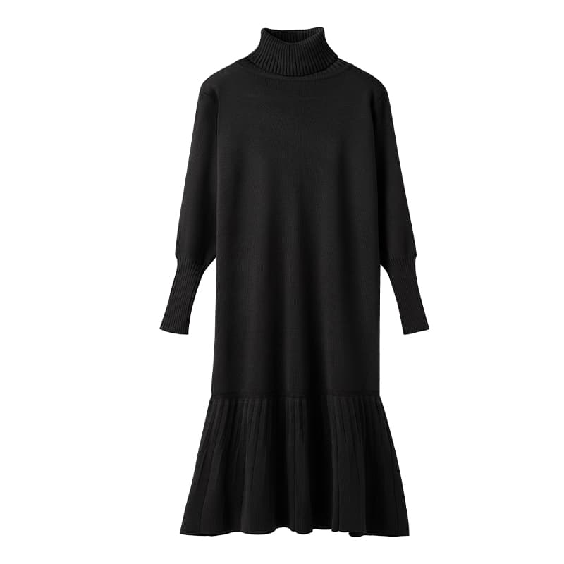ロングワンピース ニット タートルネックプリーツ切替ニットワンピース
