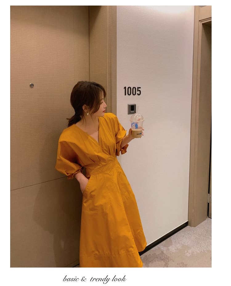 ロングワンピース 人気ボリューム袖ブイネックシャツワンピース レディース新作