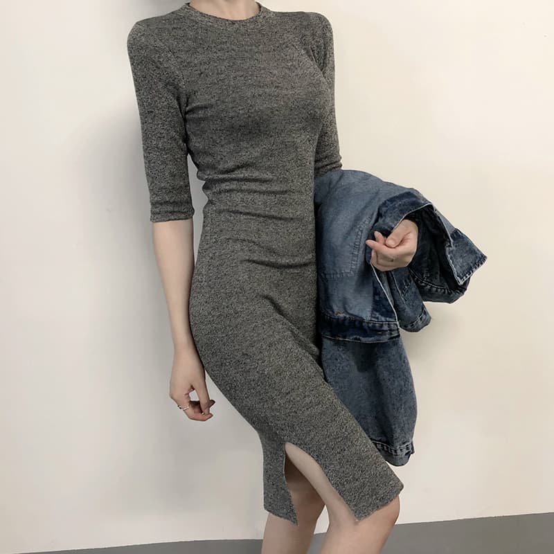 ロングワンピース ニット スリット入りフィット美シルエットワンピース
