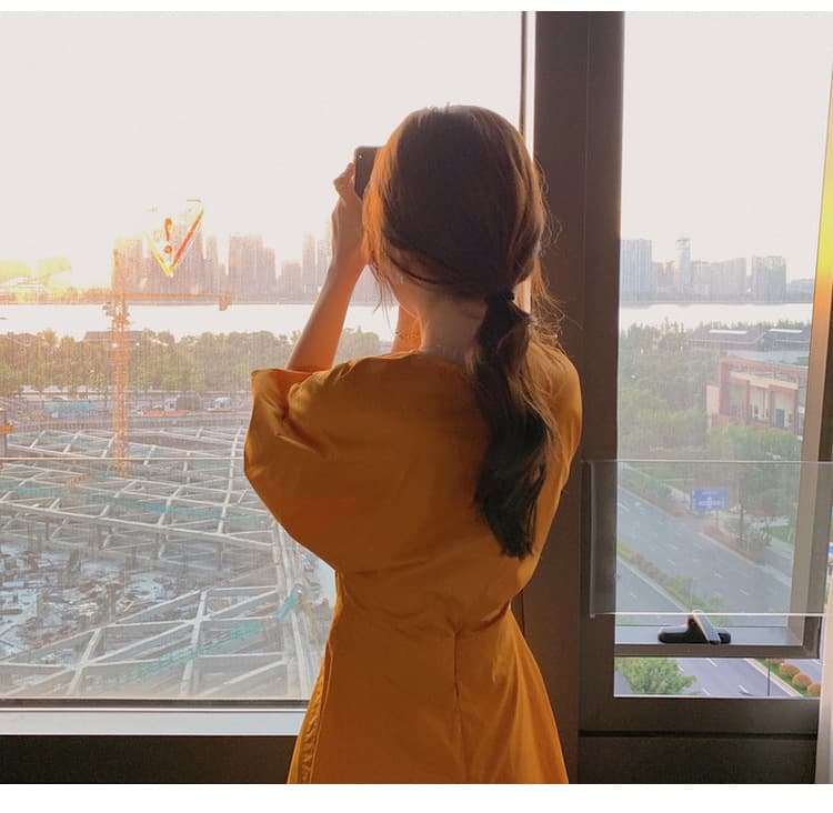 ロングワンピース 人気ボリューム袖ブイネックシャツワンピース レディース新作