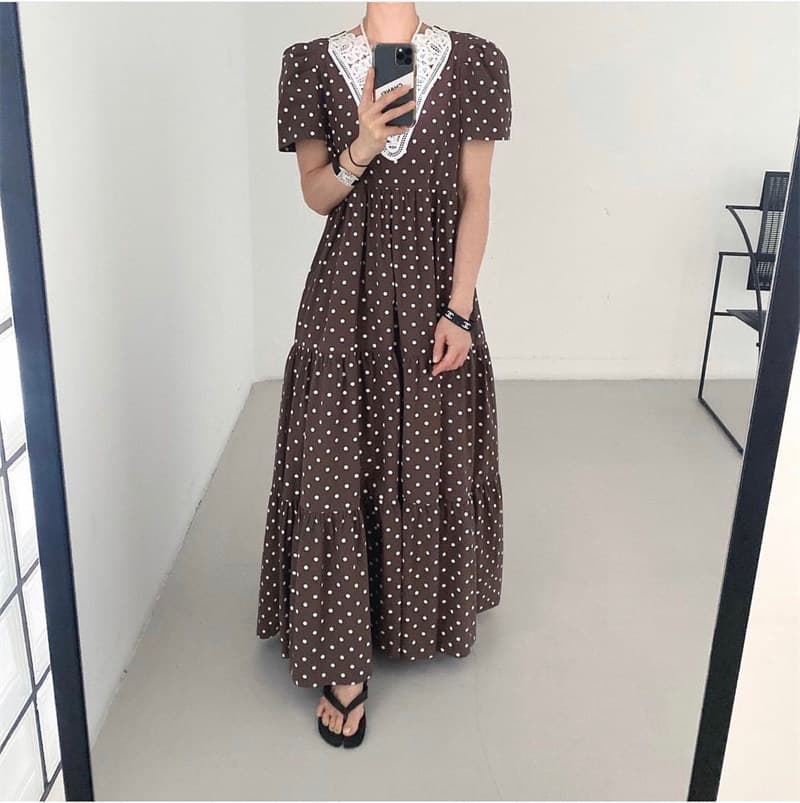 ロングワンピース 復古風透かし彫り襟付き半袖ドット柄シャツワンピース