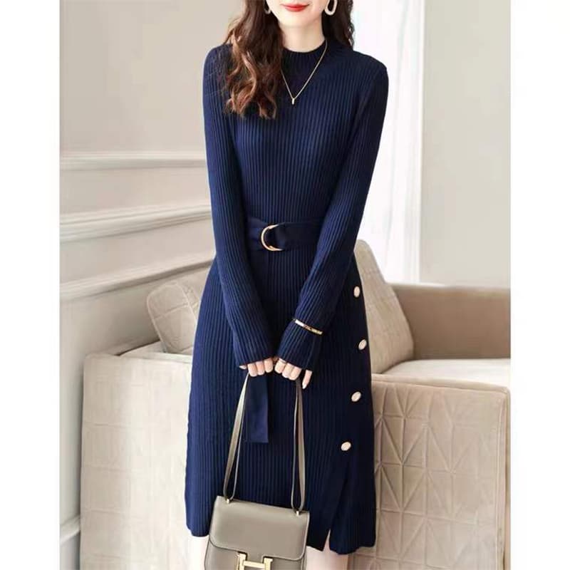 ロングワンピース 韓国風リブニットワンピース長袖ベルト付き