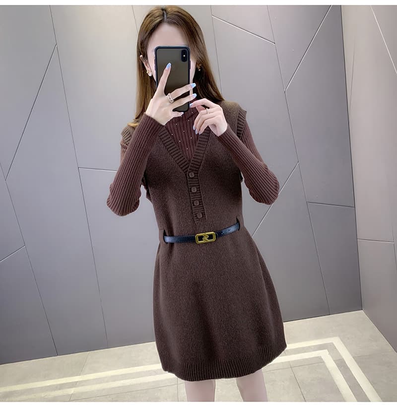 ロングワンピース ニット リブ編みハイネックニットワンピース