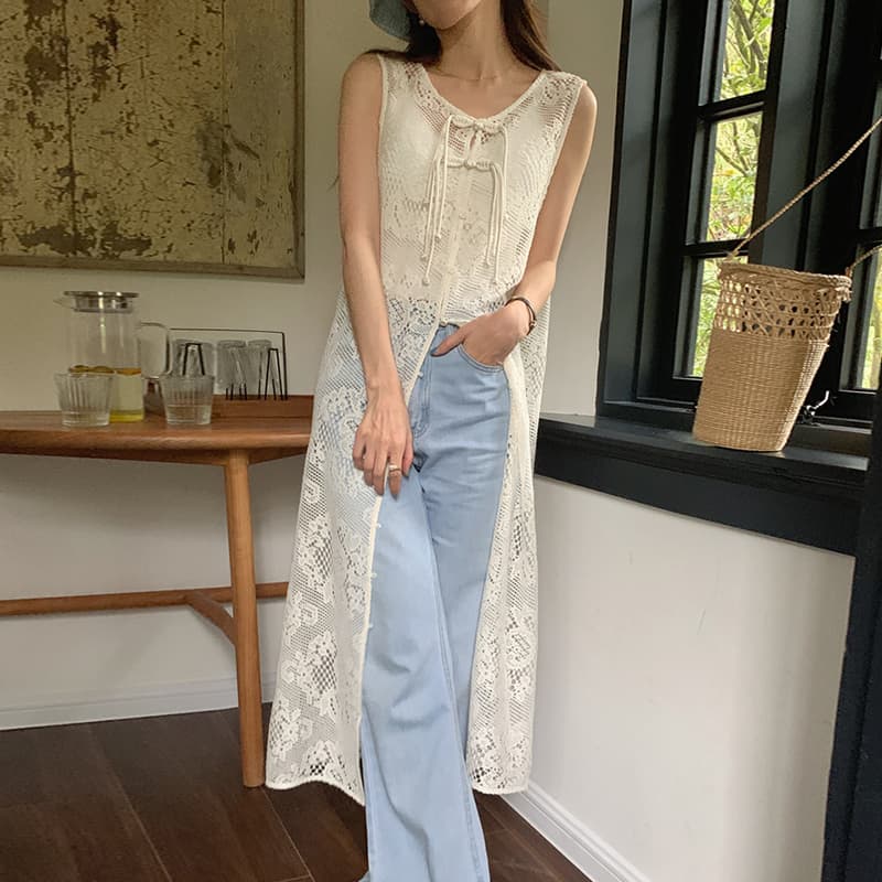 ロングワンピース 透かし編みニット ロング丈ノースリーブワンピース