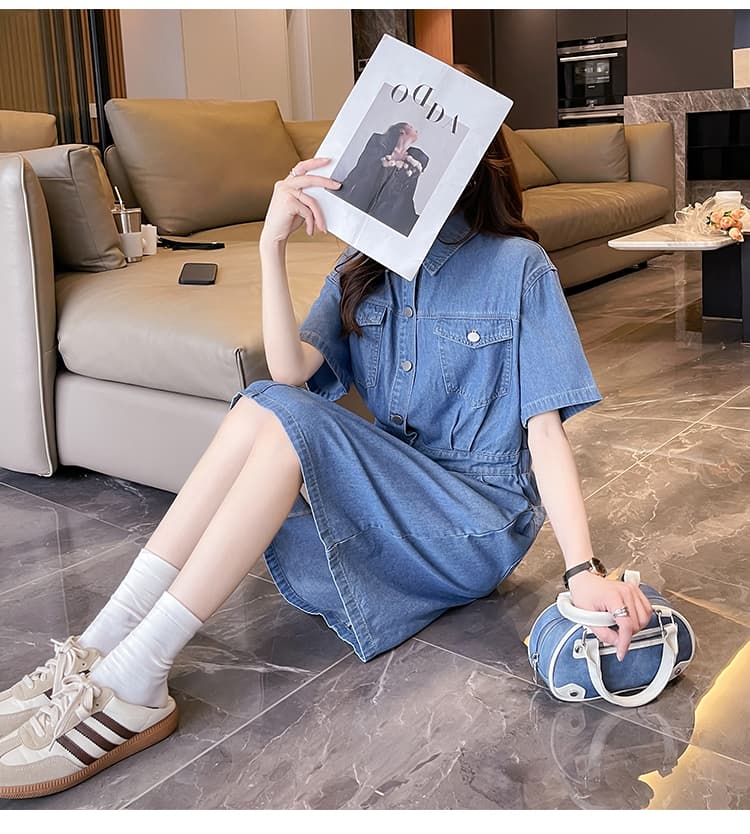 ロングワンピース デニム シンプル清楚なデニムシャツワンピース