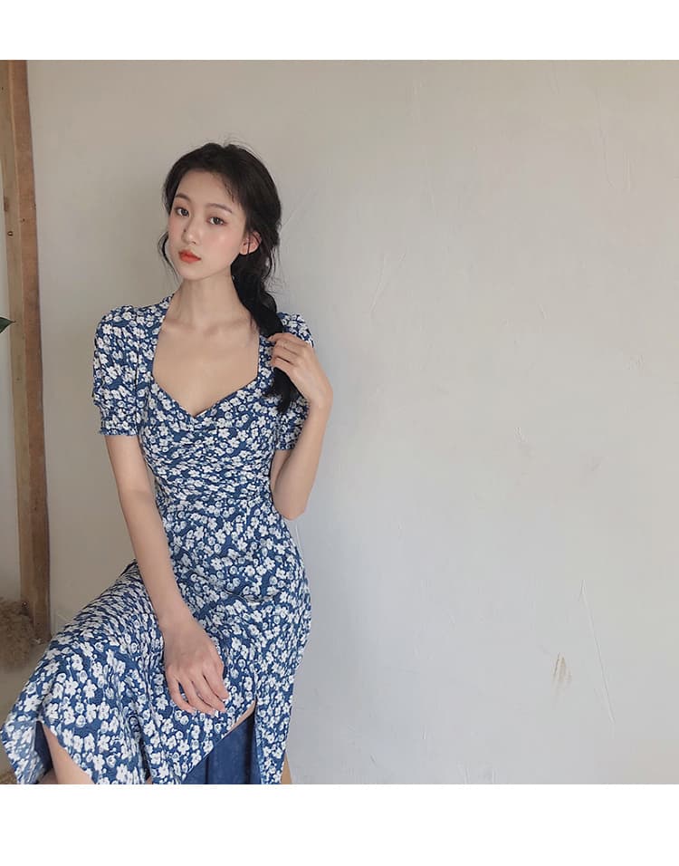 ロングワンピース シャツ 小花柄パフスリーブロングワンピース