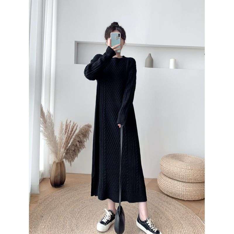ロングワンピース もこもこ編み立体デザインマキシニットワンピース