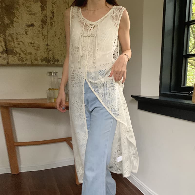 ロングワンピース 透かし編みニット ロング丈ノースリーブワンピース