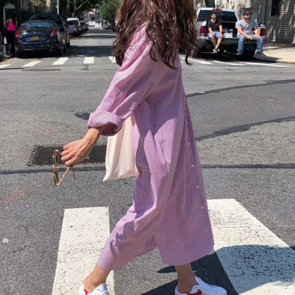 ロングワンピース ナチュラルストライプシャツワンピース