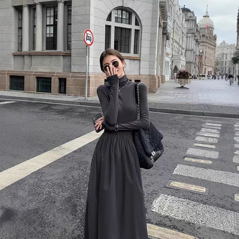 ロングワンピース タートルネックニットロング