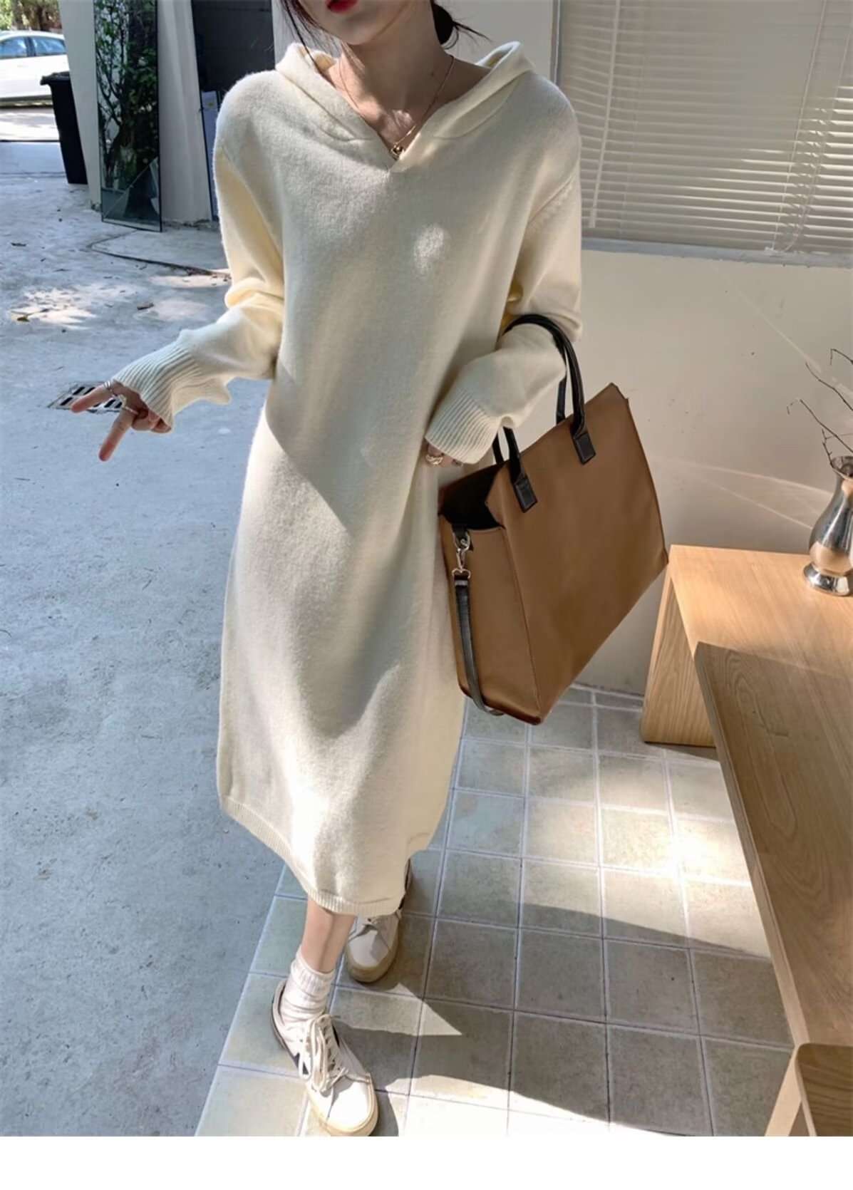 ロングワンピース カシミヤ混 リラックスフードワンピース