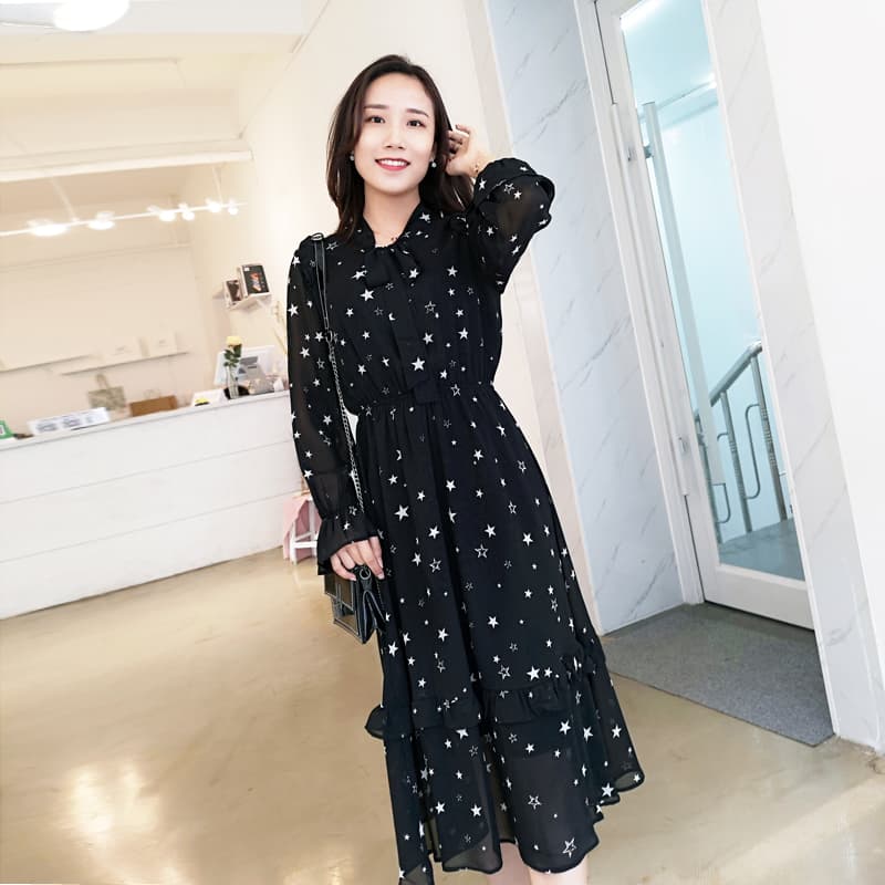 ロングワンピース シャツ 星柄シフォン長袖シャツワンピース