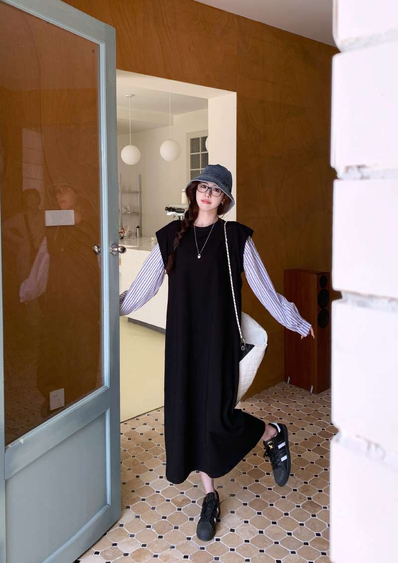 ロングワンピース ストライプ切替シームレスニットワンピース