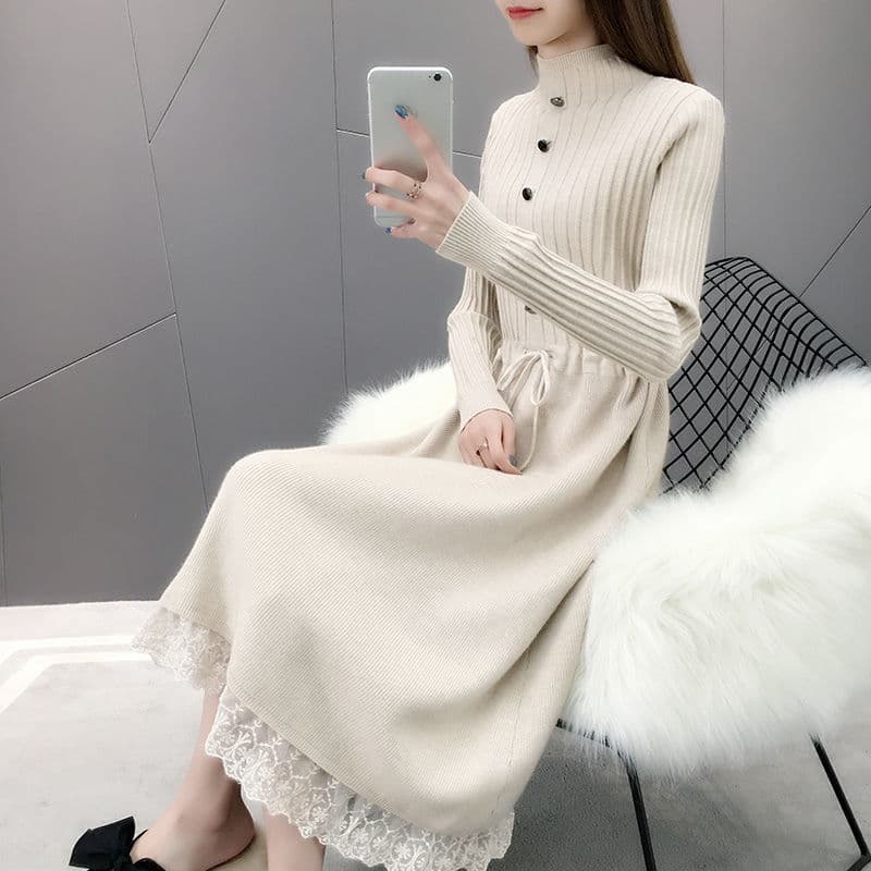 ロングワンピース レース付きリブニット ハイネックワンピース