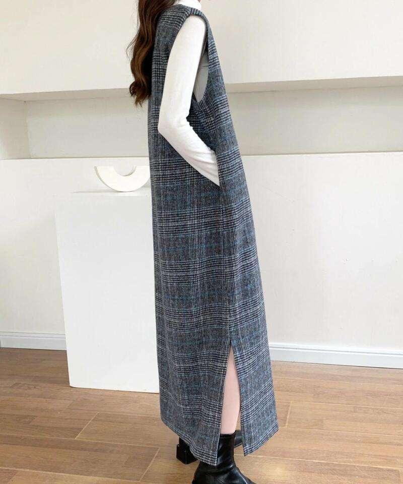 ロングワンピース シンプル格子柄ジャンパースカート