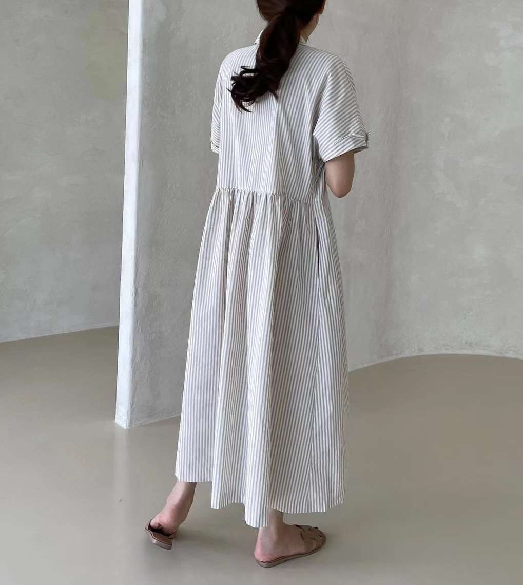 ロングワンピース シャツ襟プリーツワンピース