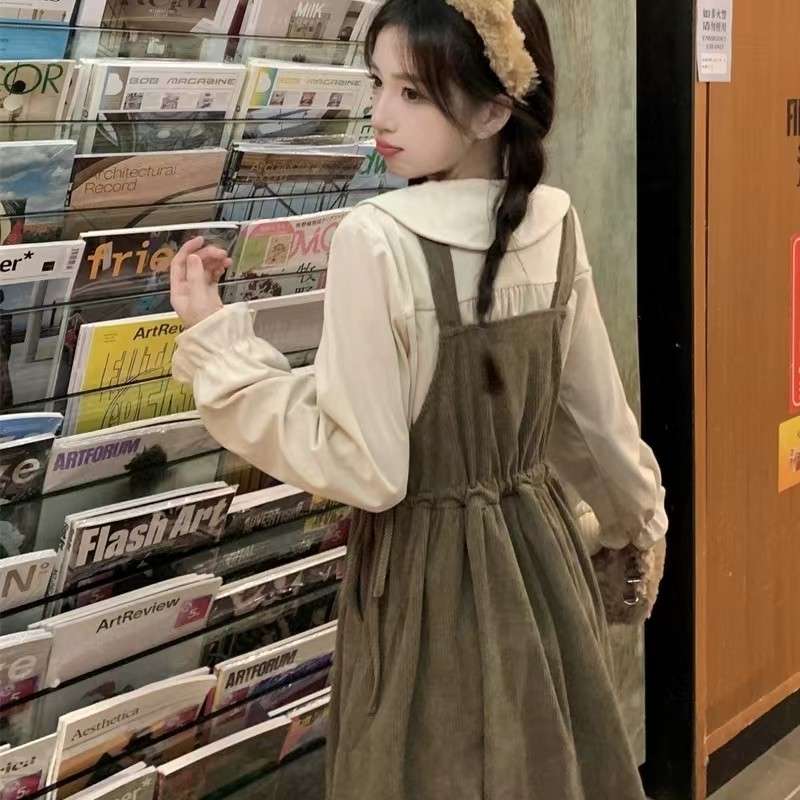 ロングワンピース ふんわり袖 コーデュロイジャンパースカート