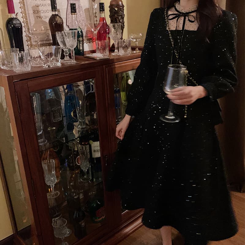 ロングワンピース レース ドットチュールレースリボン付きベロアロングワンピース