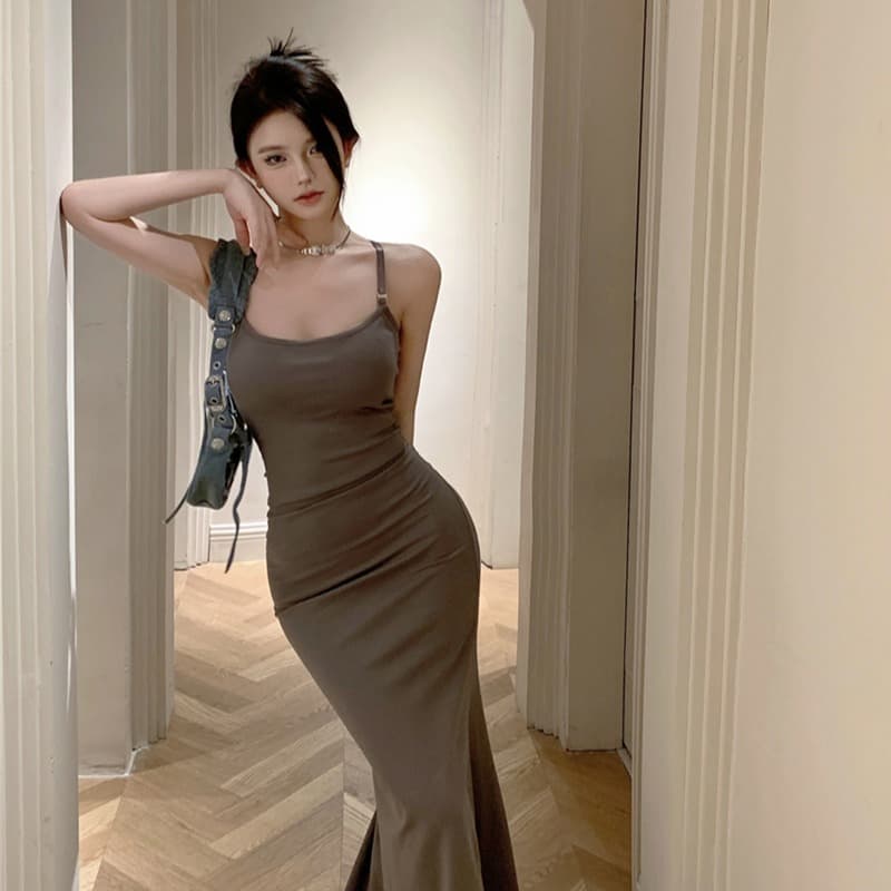 ロングワンピース キャミ 体型美人見せスリムフィットロングワンピース