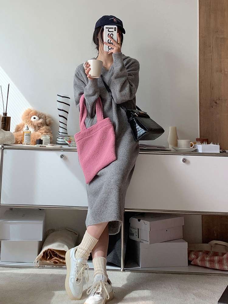 ロングワンピース カシミヤ混 リラックスフードワンピース