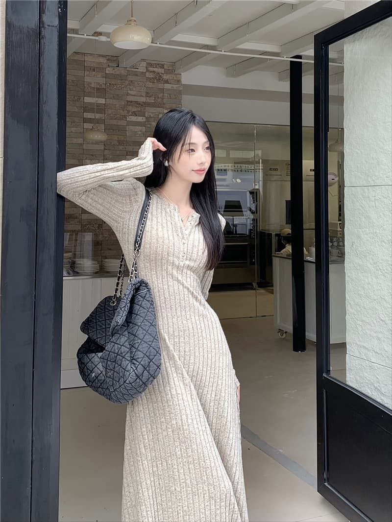ロングワンピース リブ編みロマンチックワンピース