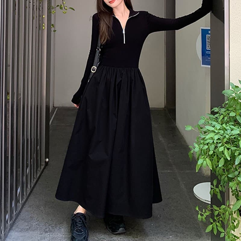 ロングワンピース 上品シンプル ハーフジップ ギャザーワンピース