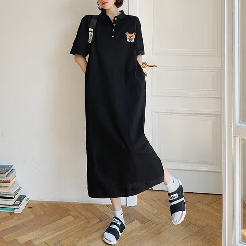 ロングワンピース ポロシャツ くま刺繍ワンポイント襟付き半袖ロングワンピース