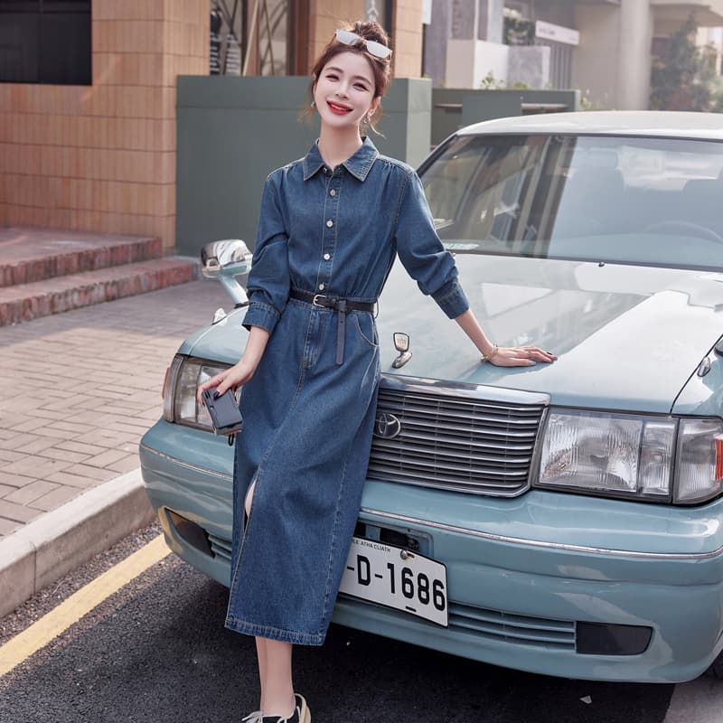 ロングワンピース デニム 前開きベルト付きデニムロングワンピース
