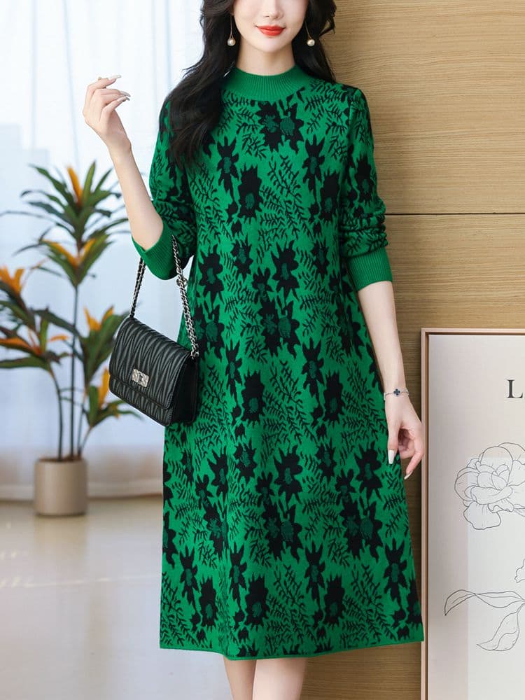 ロングワンピース ニット 花柄模様モックネックニットワンピース