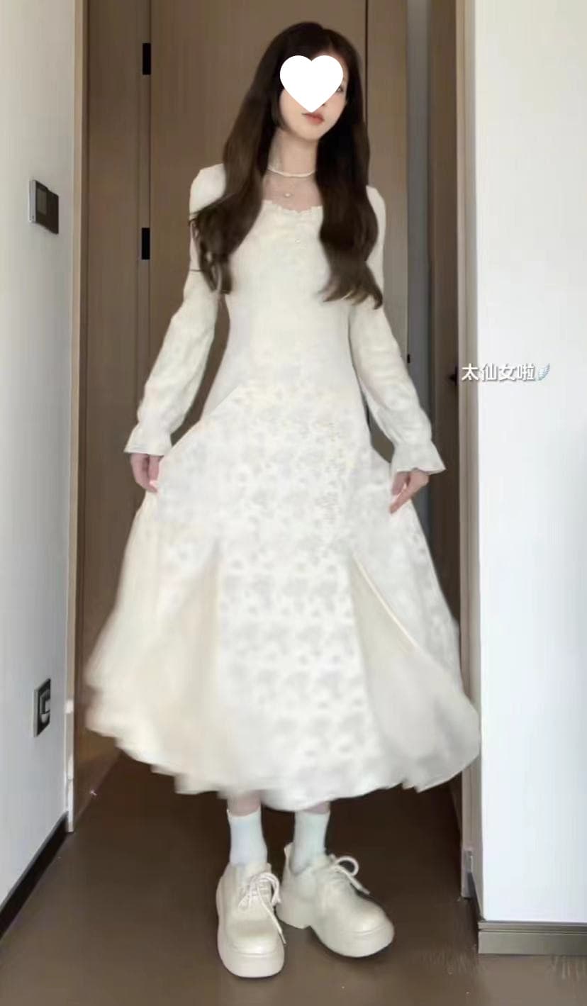 ロングワンピース レース編み込みクラシカルワンピース