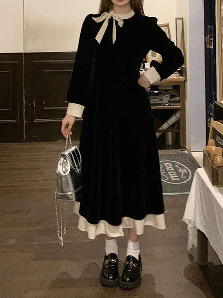 ロングワンピース レトロリボンベルベットミディアムワンピース