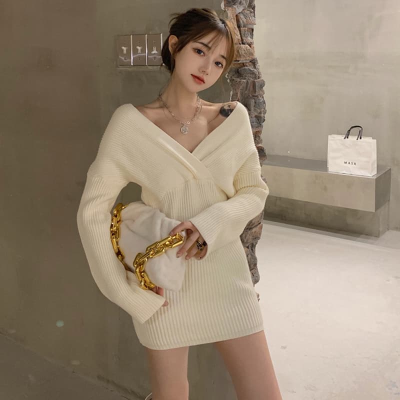 ロングワンピース ニット スリット入りフィット美シルエットワンピース