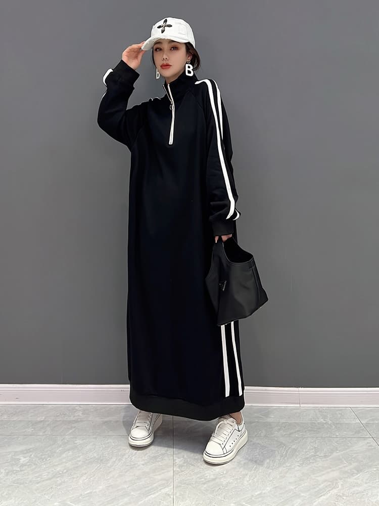 ワンピース スウェット ラインデザイン ハーフジップ マキシ丈ワンピース