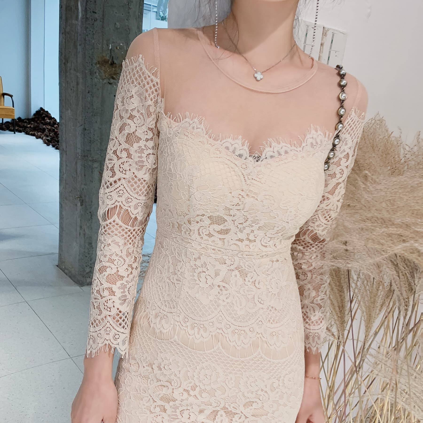 ロングワンピース レース シースルーレース切替ワンピース