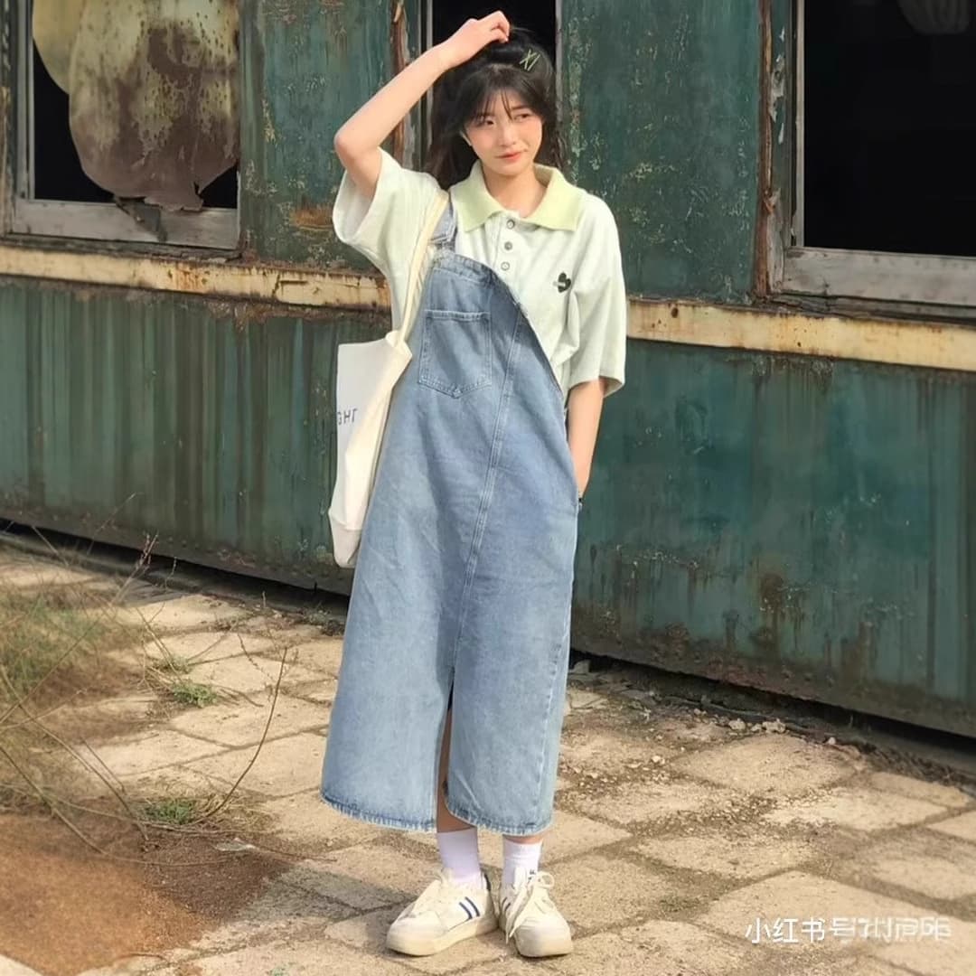 ロングワンピース ゆったりデニムサロペットワンピース