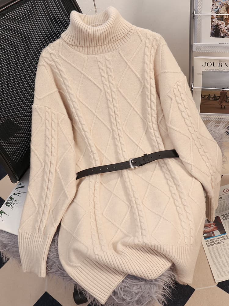 ワンピース ニット ケーブル編みタートルネックワンピース