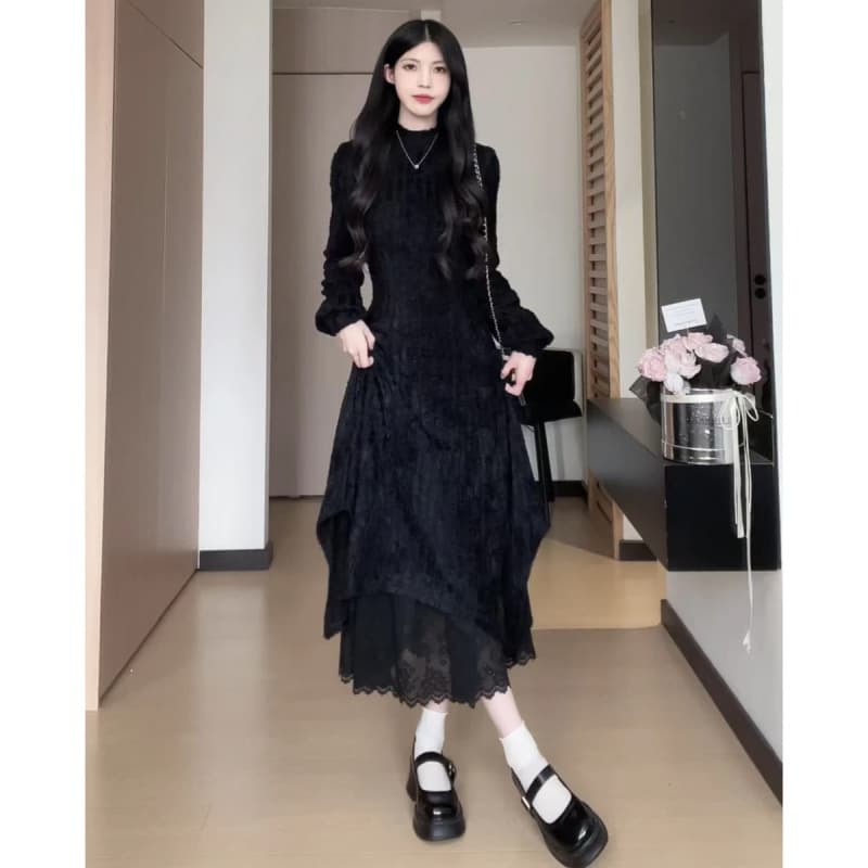 ロングワンピース レース付きプリンセスマキシワンピース