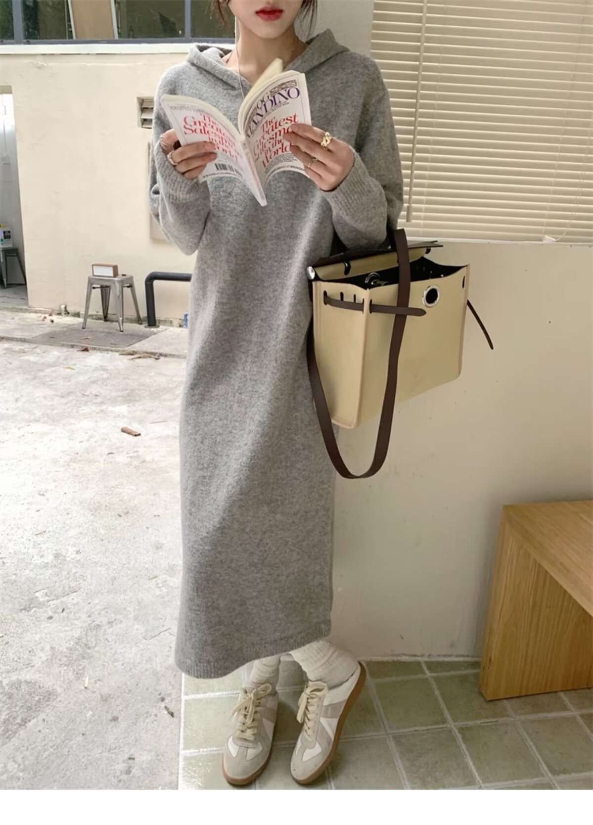 ロングワンピース カシミヤ混 リラックスフードワンピース