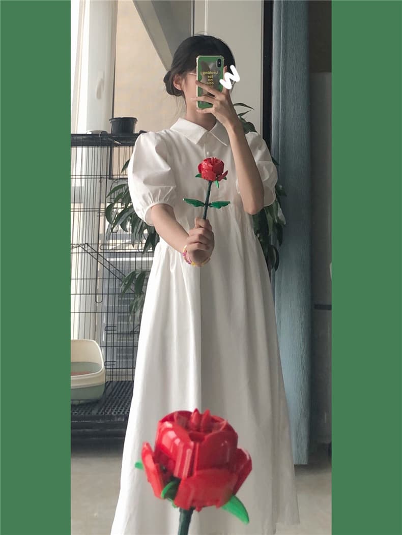 ロングワンピース シャツ パフスリーブ襟付きウエストギャザーシャツワンピース