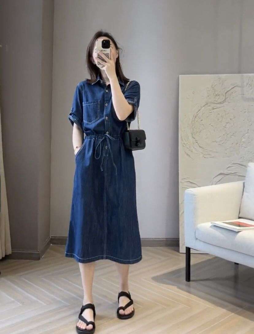 ロングワンピース ゆったりデニムシャツワンピース