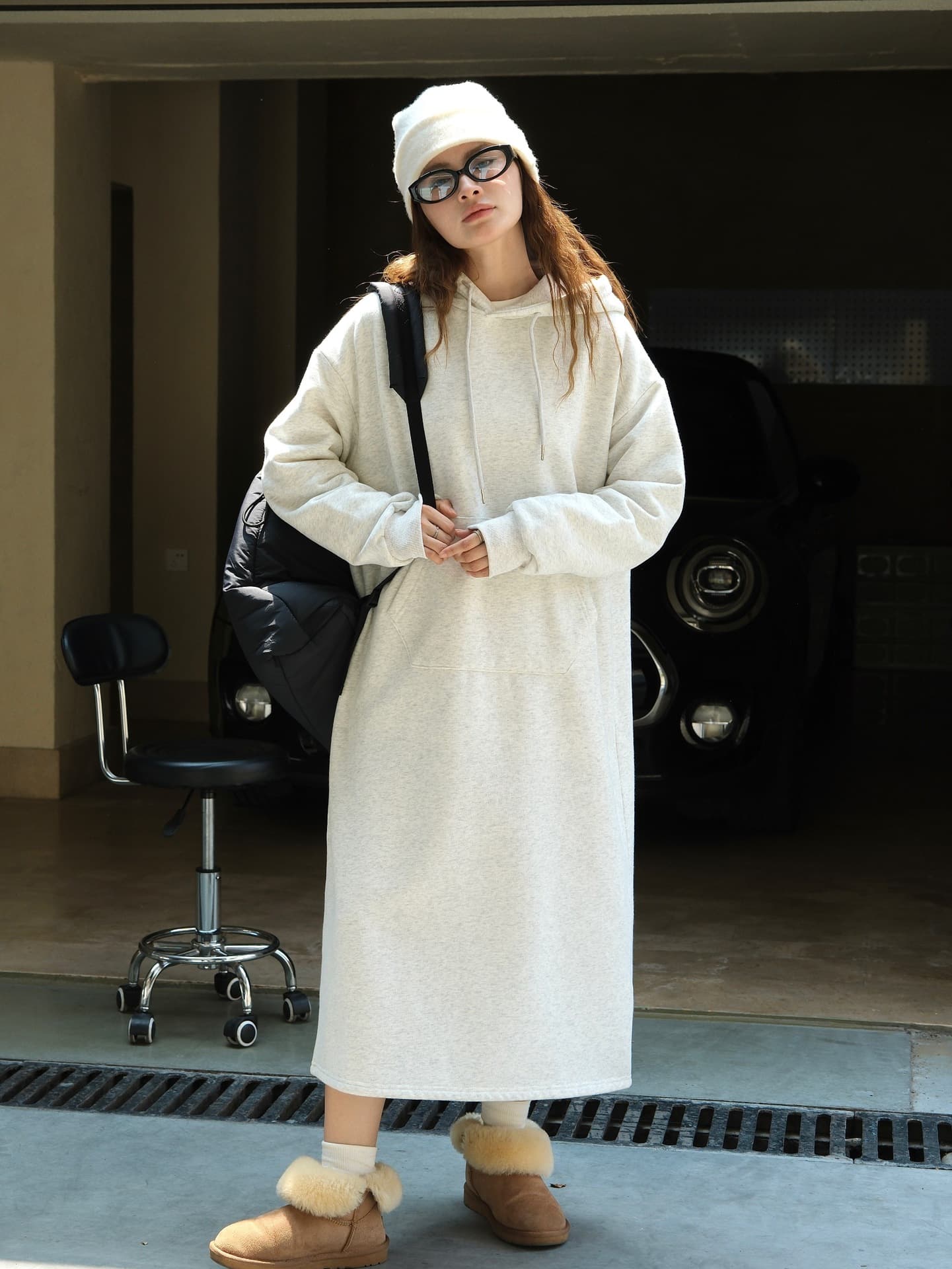 ロングワンピース ふんわりあったかフード付きワンピース